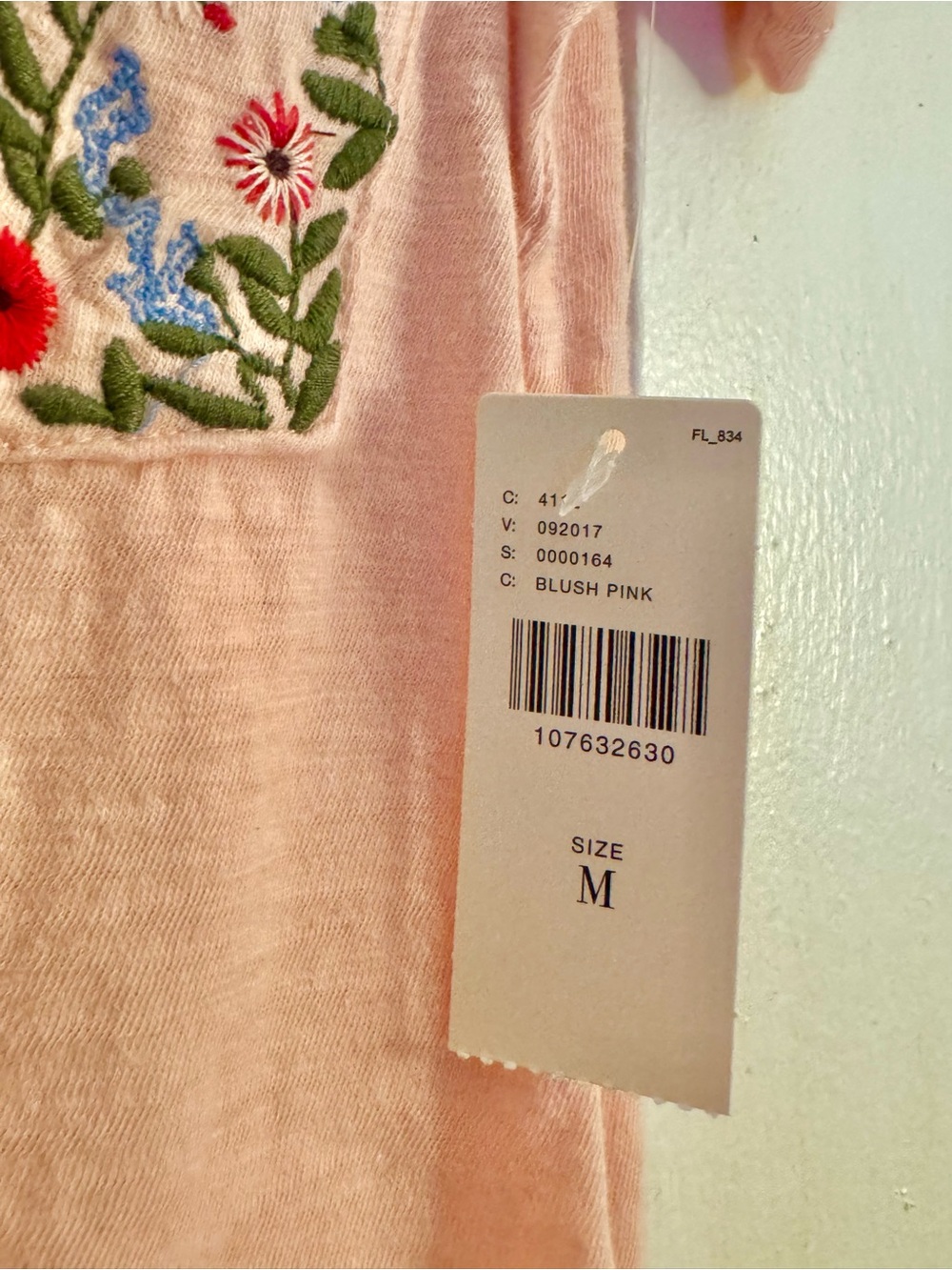 Anthropologie Pale Pink Tee with Floral Embroidered Pocket NWT - Picture 4 of 6